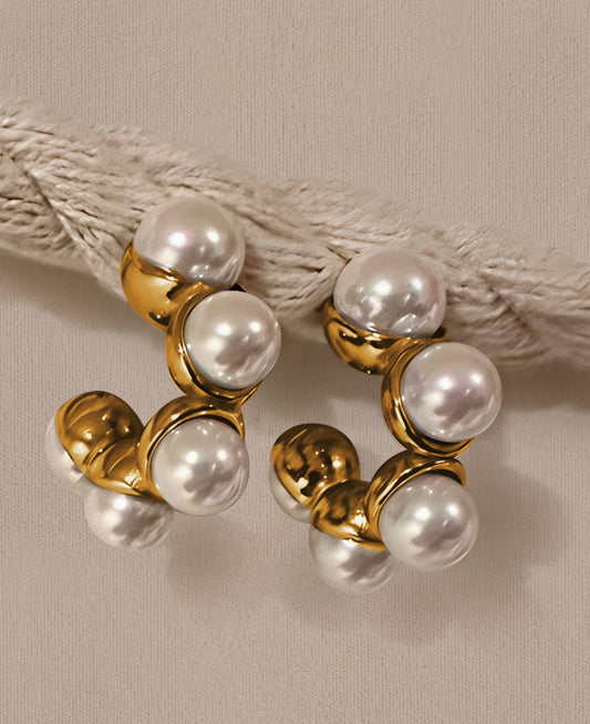 Pearl Cluster: Gold Stainless Steel Hoop Earrings