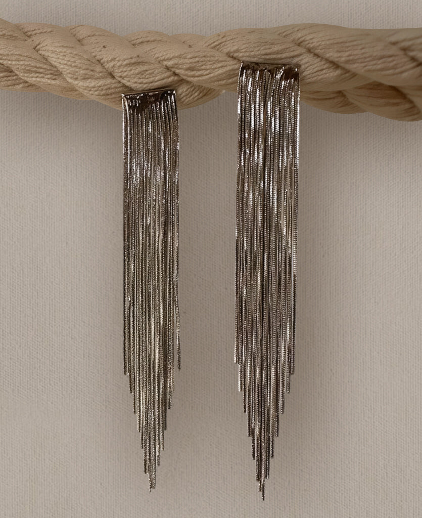 Extra Long Chain Fringe Tassel Silver Earrings