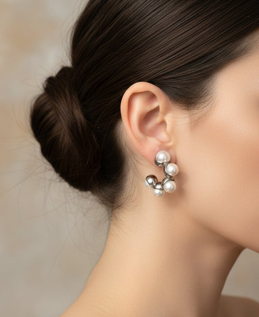 Pearl Cluster: Silver Stainless Steel Hoop Earrings