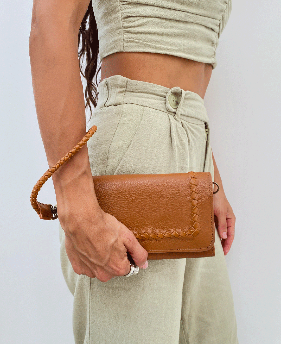 Tan MILA Clutch Wallet with Wrist Strap - Full Grain Leather
