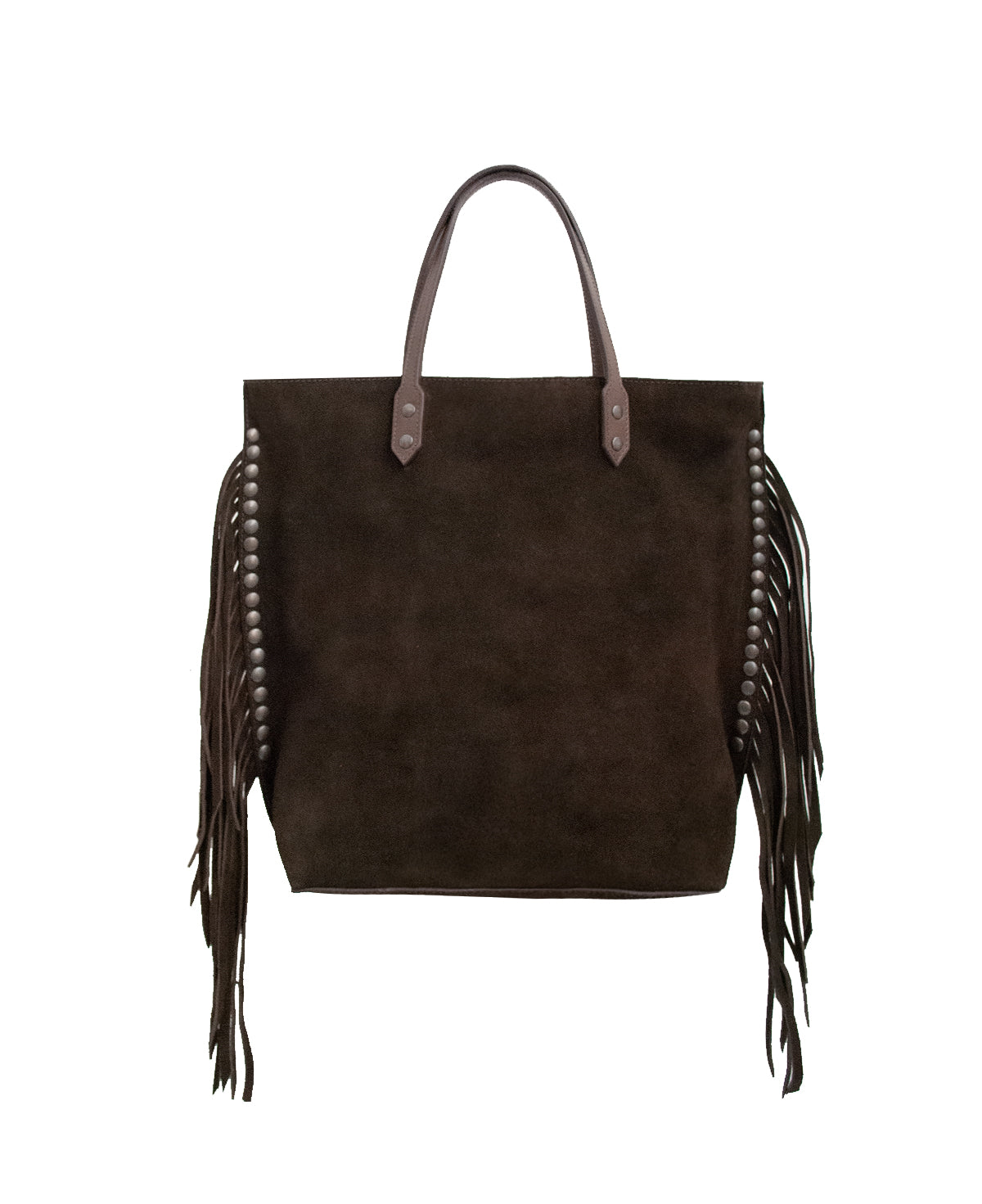 Chavela Studded Tote Bag with fringes: Soft Espresso Coffee Genuine Suede