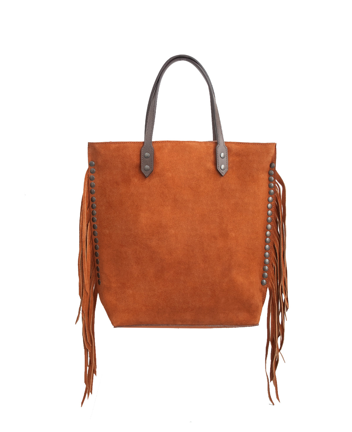 → PRE-ORDER Chavela Studded Tote Bag with fringes: Vibrant Apricot Genuine Suede