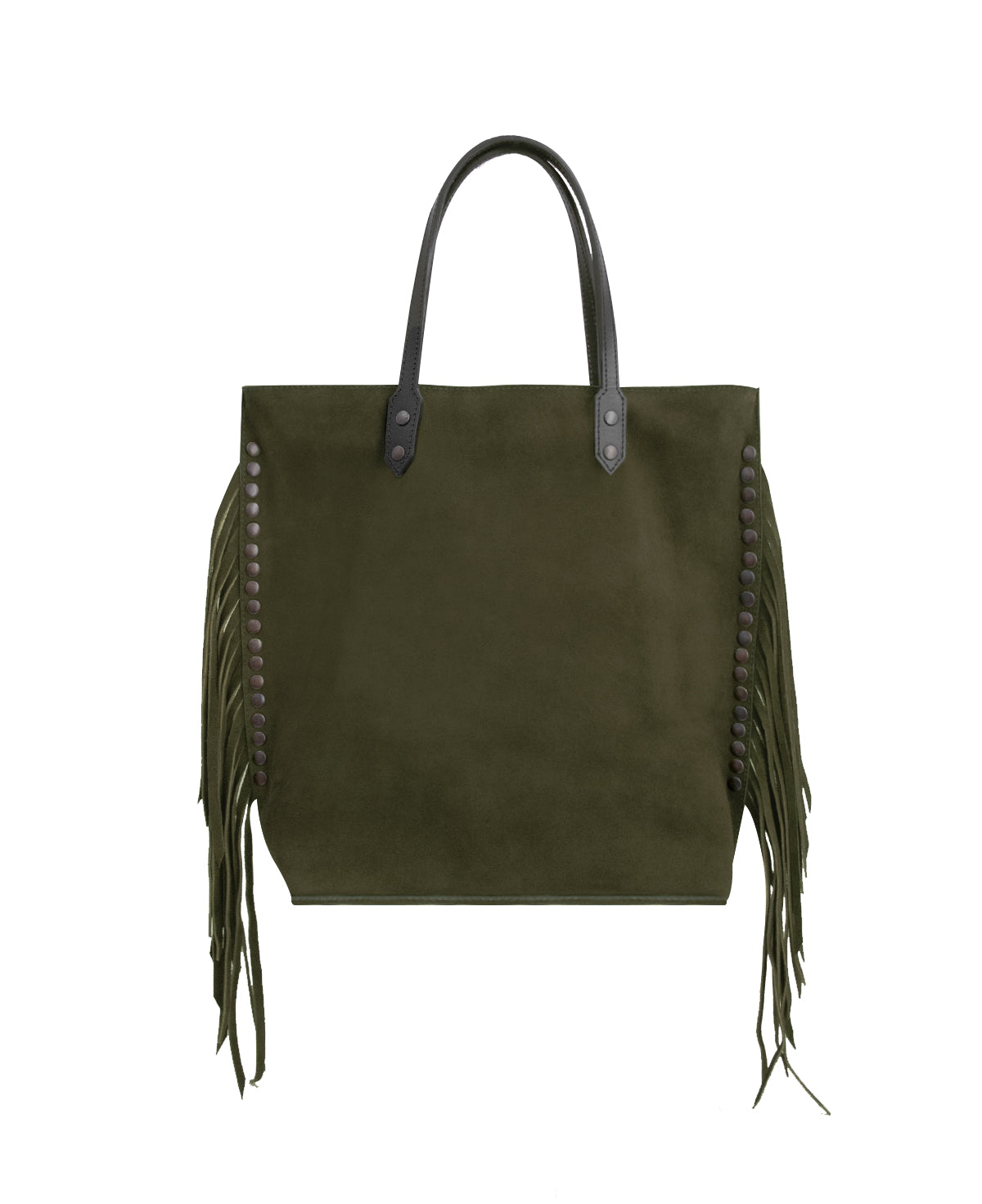 → PRE-ORDER Chavela Studded Tote Bag with fringes: Soft Olive Green Genuine Suede