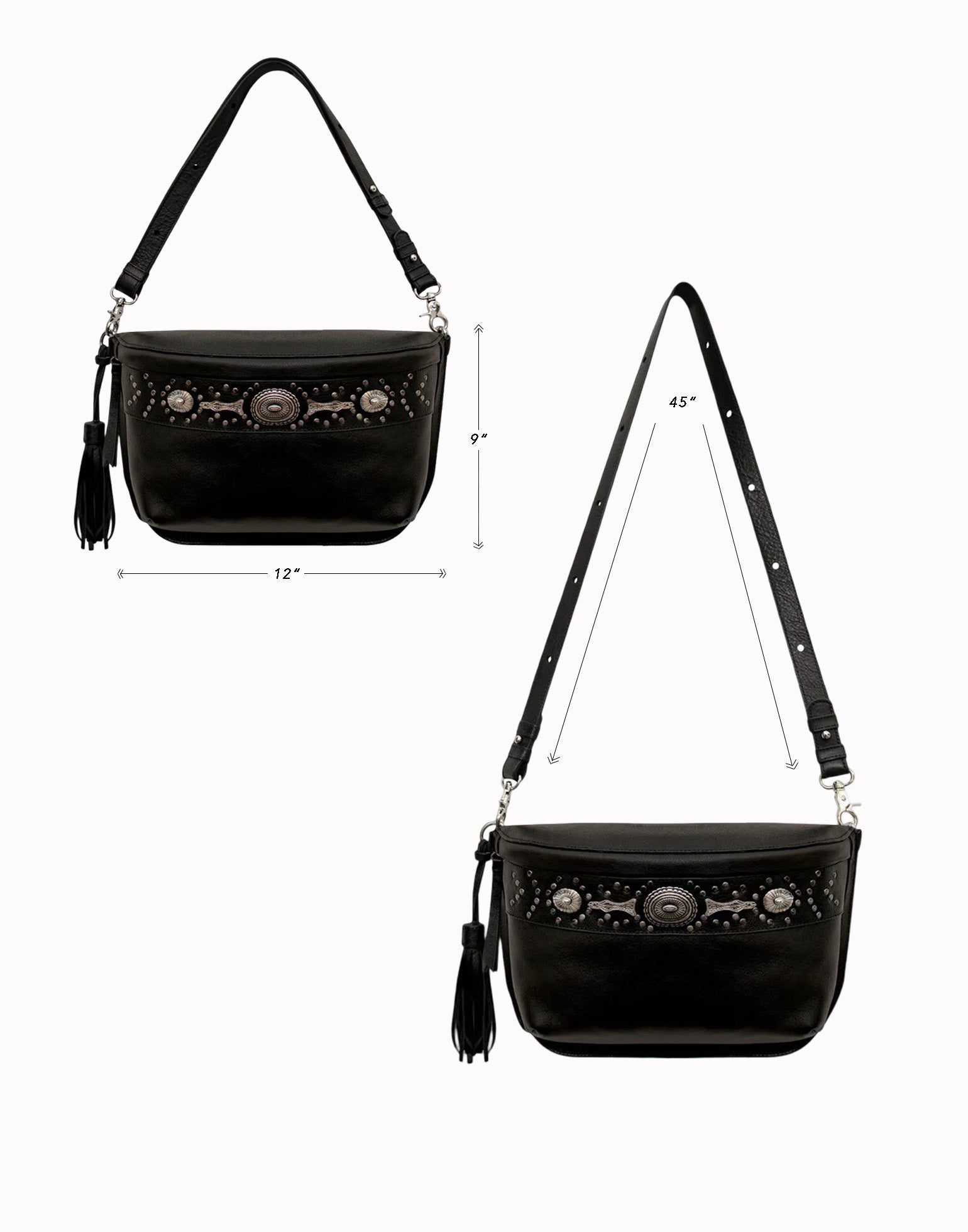 Studded Black Leather Large Crossbody Bag with Metallic Rivets - The CHER Sling Bag