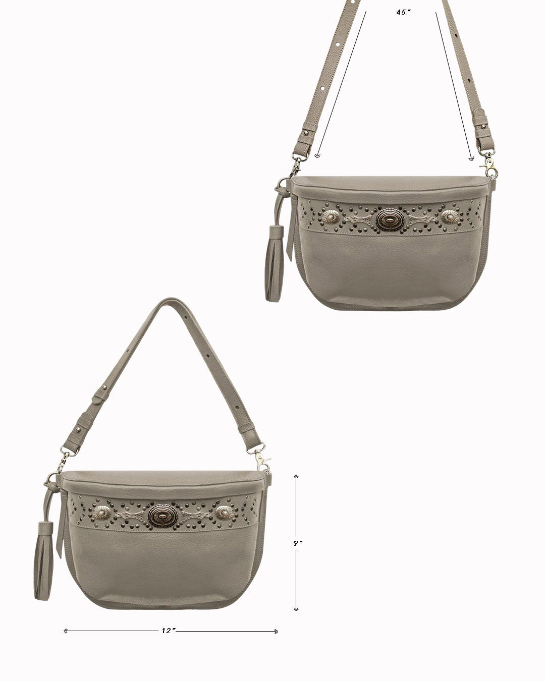 Studded Taupe-Gray Leather Large Crossbody Bag with Metallic Rivets - The CHER Sling Bag