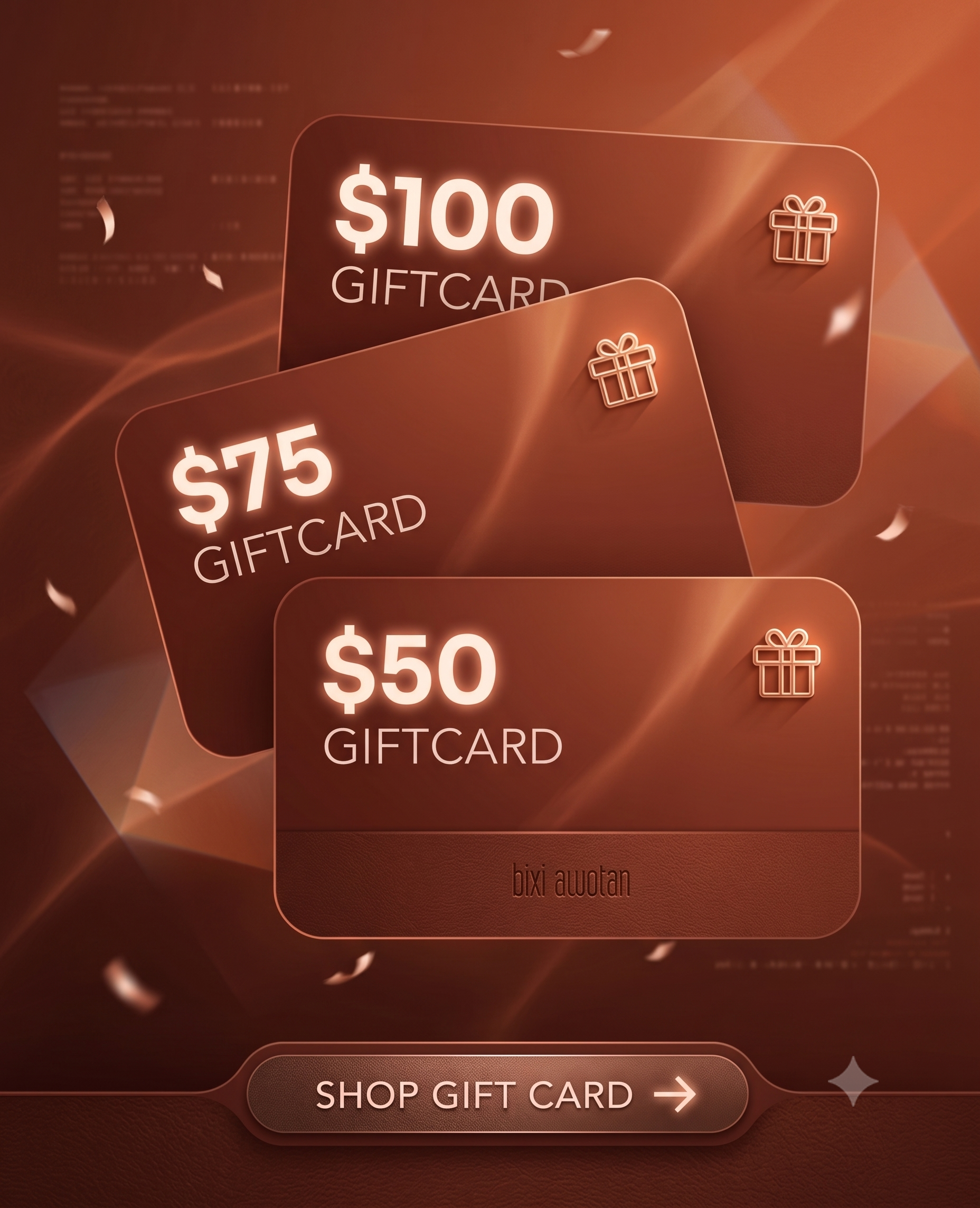 Instant digital gift card for birthdays and special occasions, available in $50 to $250 amounts.