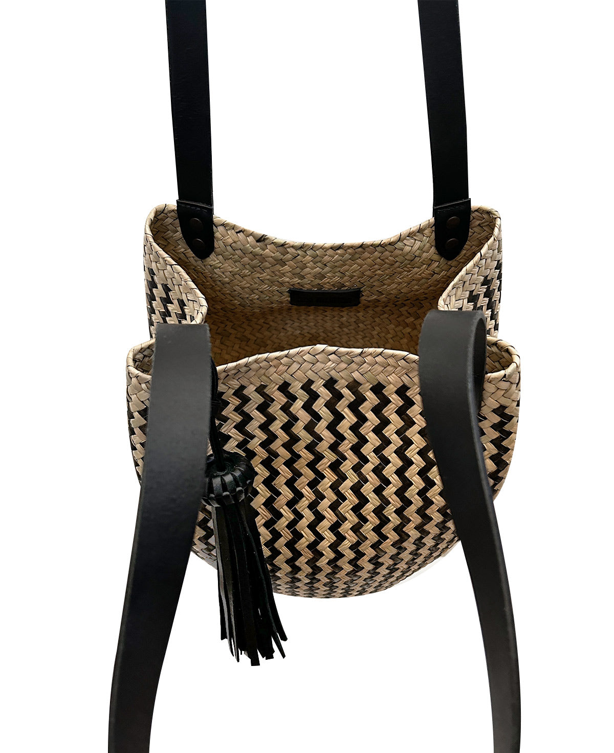 Products Lolita black leather bucket bag / black zigzag hand woven palm