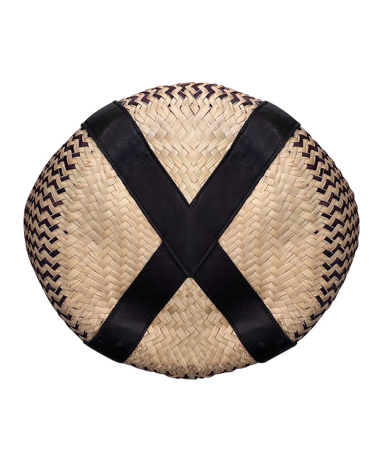 Palm Leaf Basket Bag w/ Zigzag Pattern & Black Leather Straps