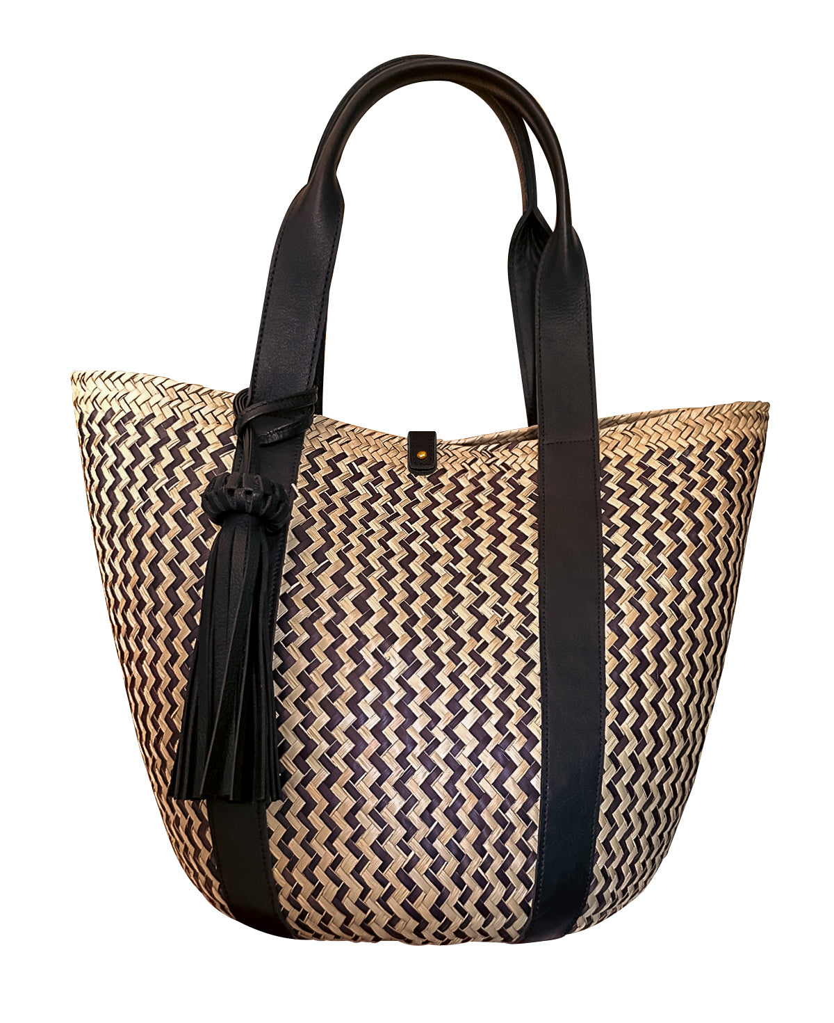 Palm Leaf Basket Bag w/ Zigzag Pattern & Black Leather Straps