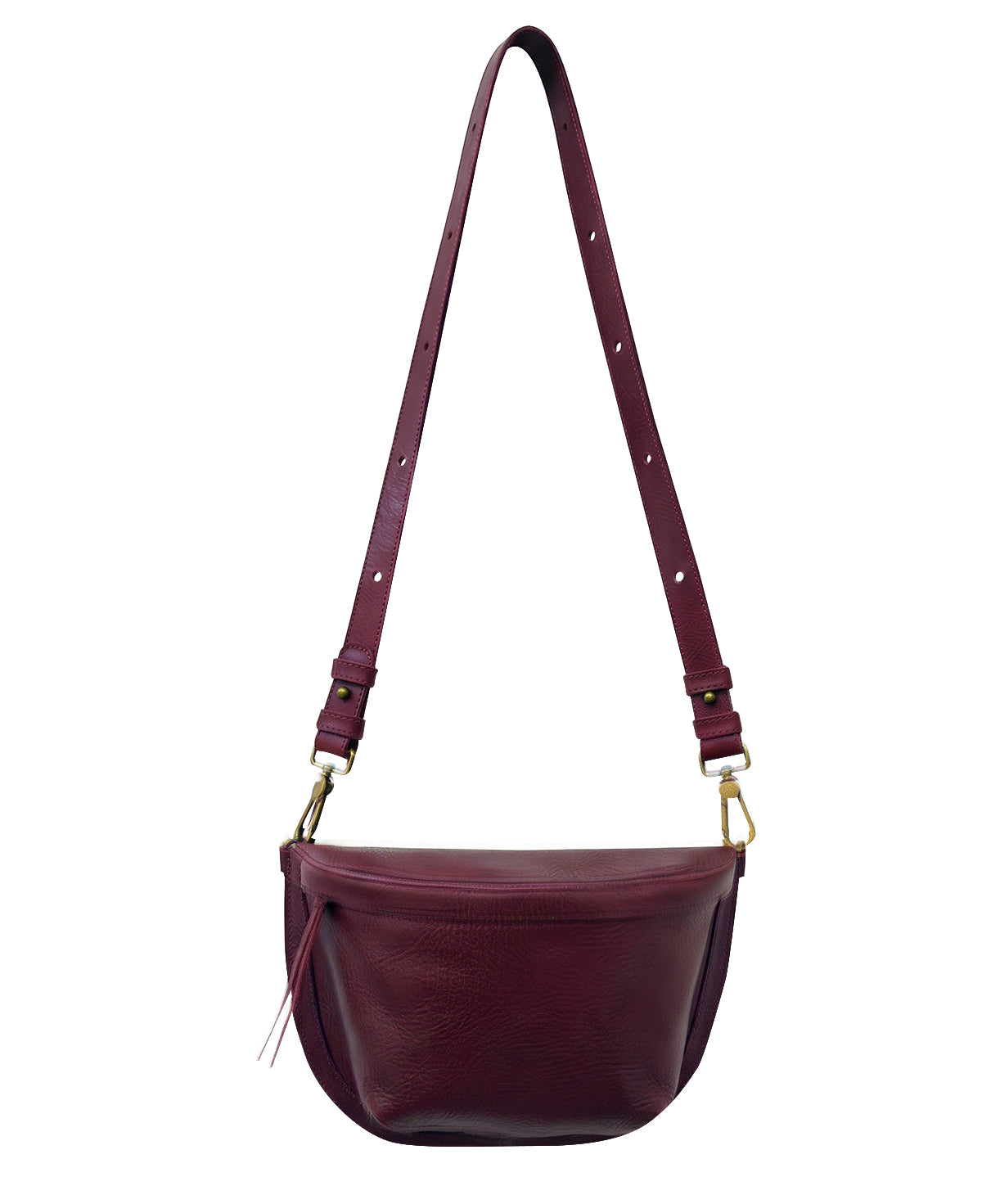 Bandolera fanny pack de piel genuina Bixi Awotan en color Red Wine con correa ajustable y cierre.
Bixi Awotan handcrafted genuine leather sling bag and fanny pack in Red Wine with adjustable strap.