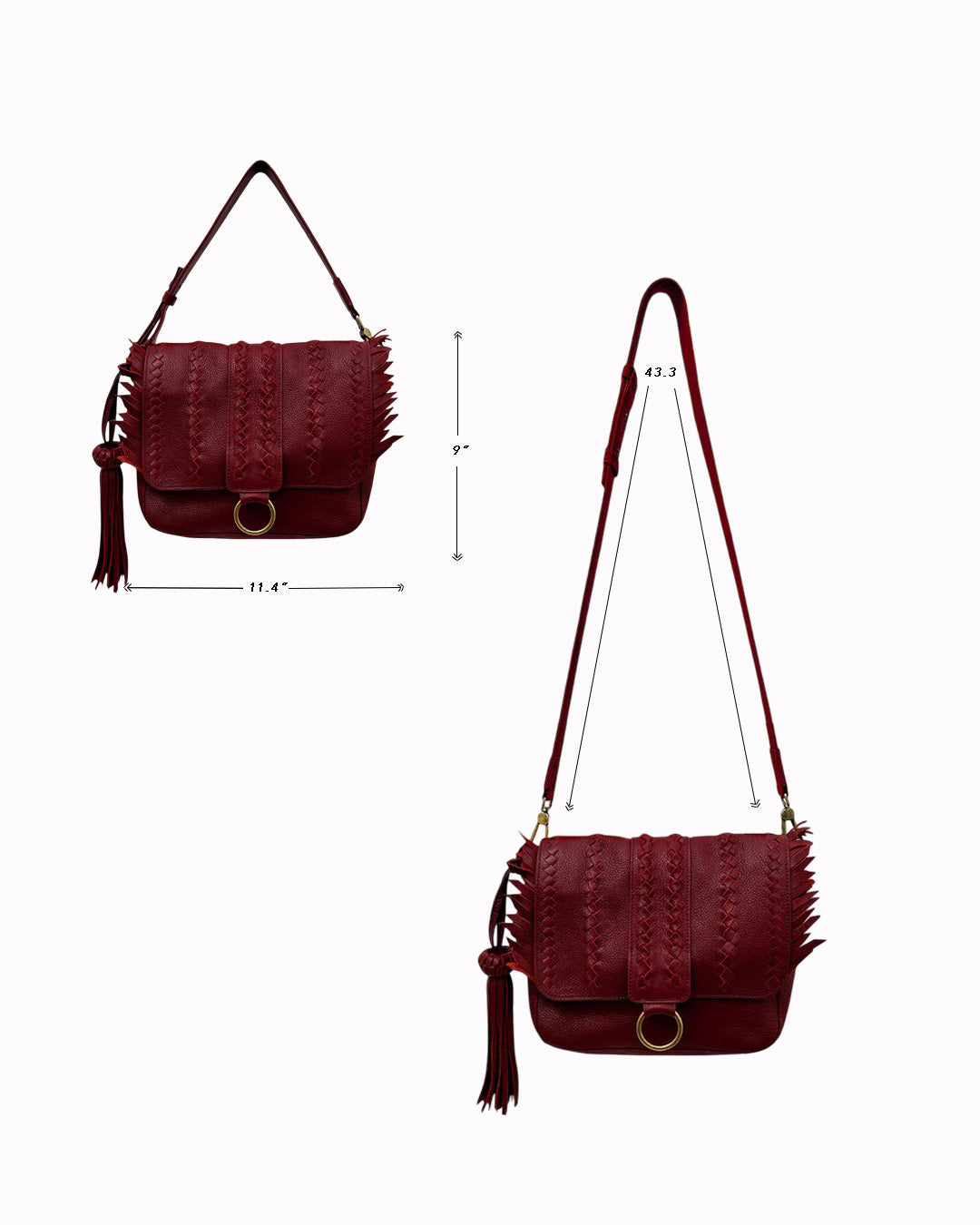 Burgundy / Maroon SENECA Leather Bag with Braids & Frings Details