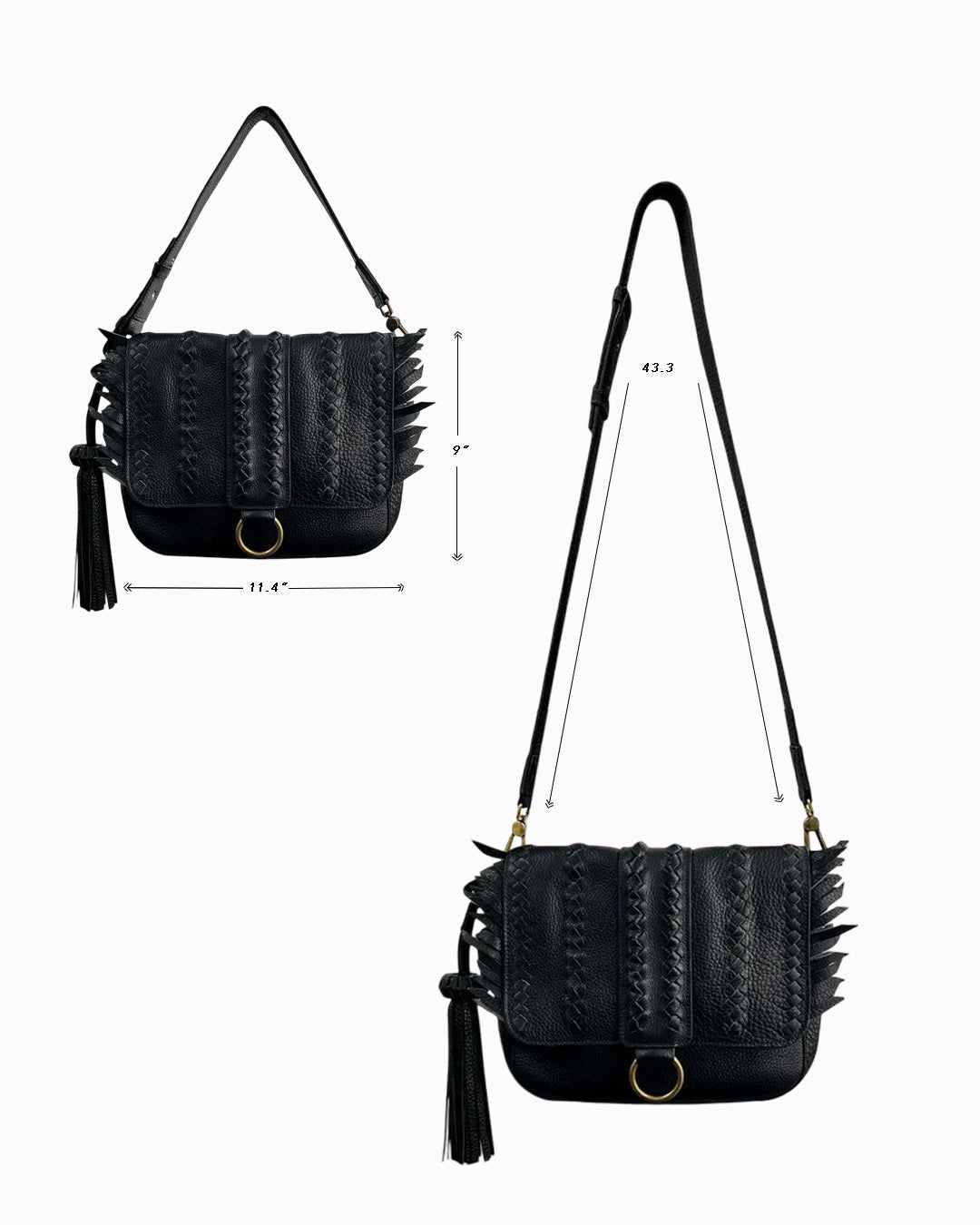 Black SENECA Leather Bag with Braids & Frings Details