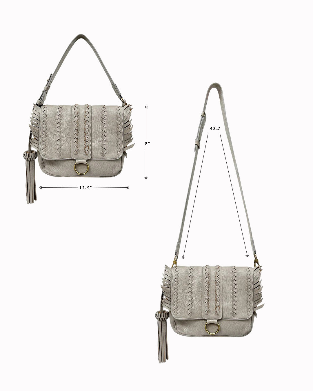 Gray/Taupe SENECA Leather Bag with Braids & Frings Details