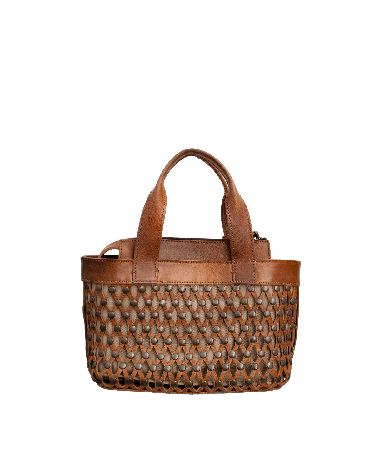 Model wearing the Studded Mini Tulum in Caramel Tan as a crossbody bag for a bold boho-chic look.