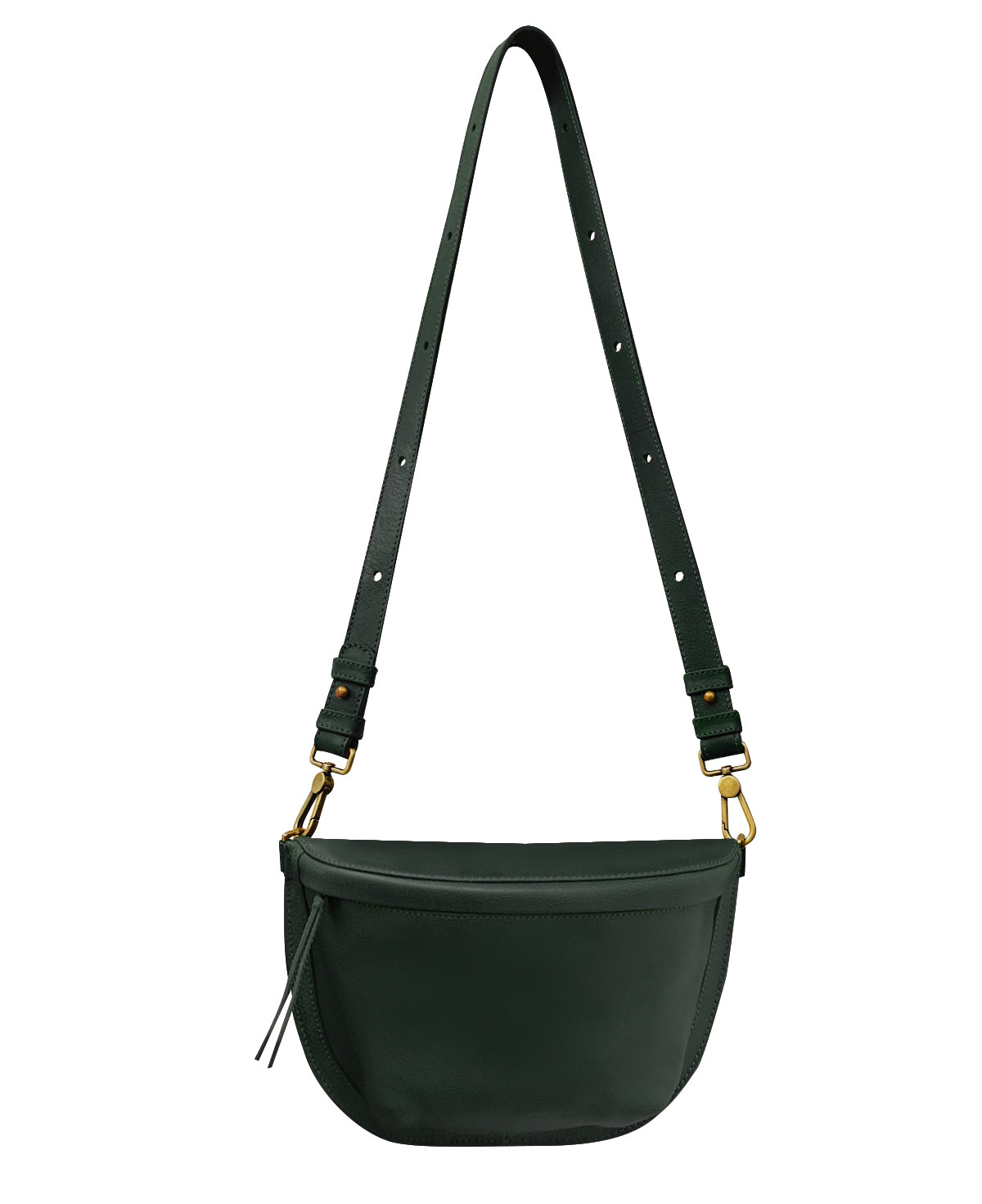 Bandolera sling bag de piel genuina Bixi Awotan color Verde Bosque con correa ajustable y herrajes metálicos.
Bixi Awotan handcrafted Forest Green leather sling bag and fanny pack with adjustable strap.