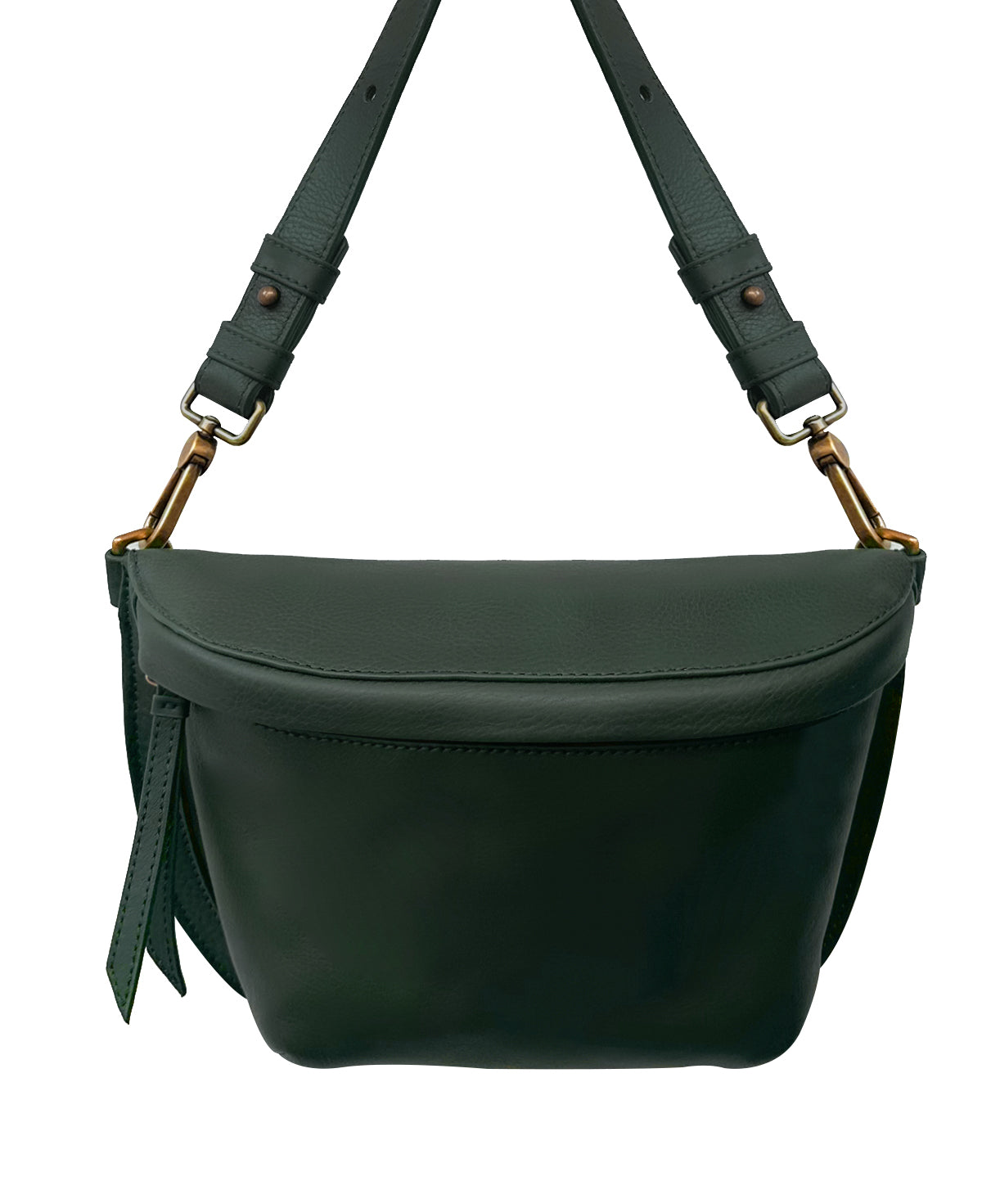 Bandolera sling bag de piel genuina Bixi Awotan color Verde Bosque con correa ajustable y herrajes metálicos.
Bixi Awotan handcrafted Forest Green leather sling bag and fanny pack with adjustable strap.