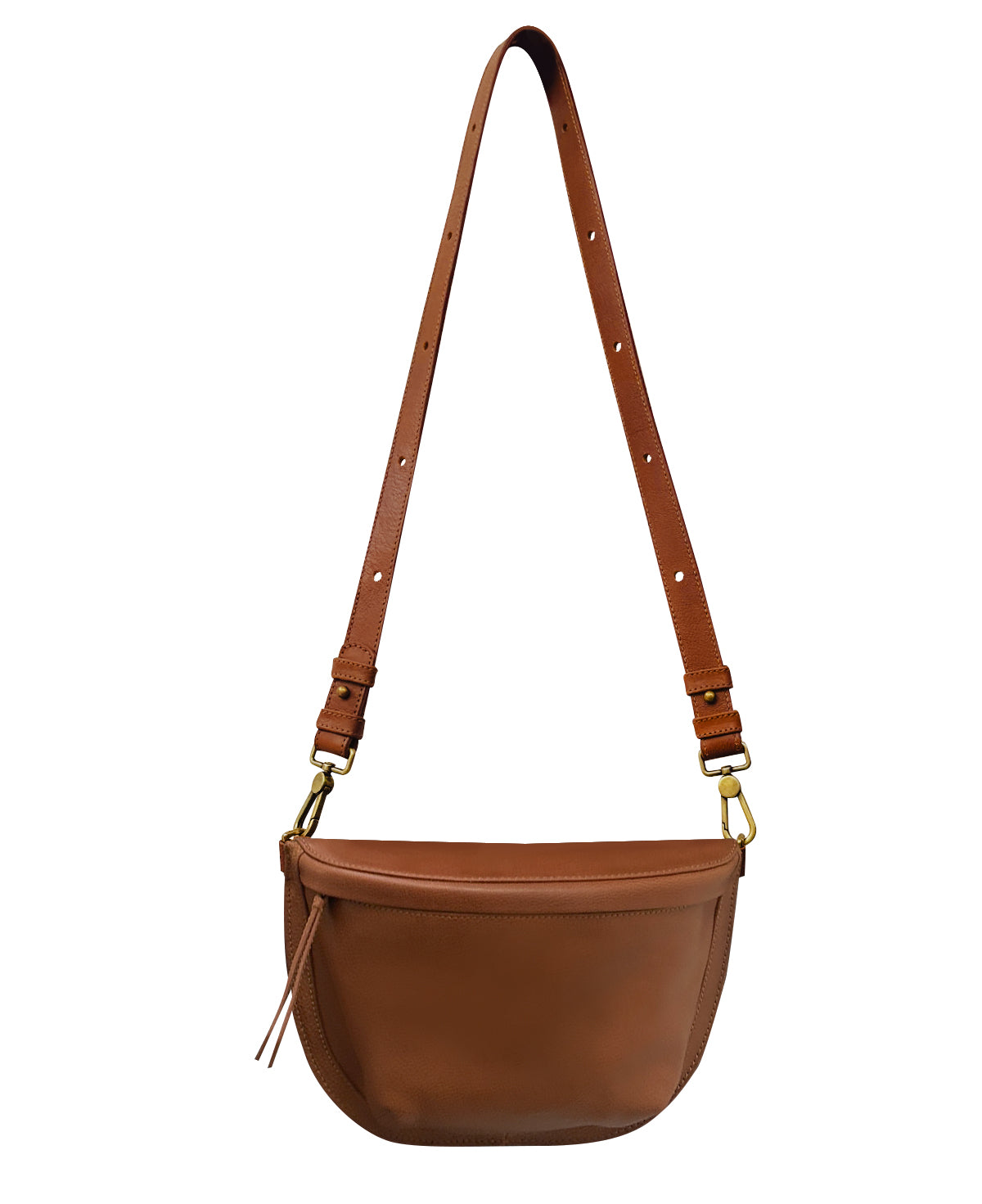 Mujer vistiendo la bandolera fanny pack de piel genuina Bixi Awotan en color Chedron Tan cruzada en la espalda.
Woman wearing the Bixi Awotan Tan genuine leather sling bag as a back crossbody.
