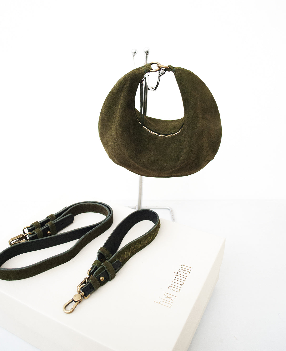 'Lucky Cookie' Round Mini Shoulder Bag: Soft Olive Green Genuine Suede