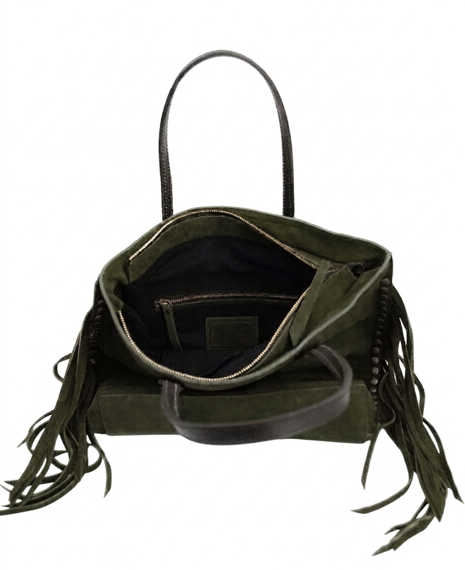 Chavela Studded Tote Bag with fringes: Soft Olive Green Genuine Suede