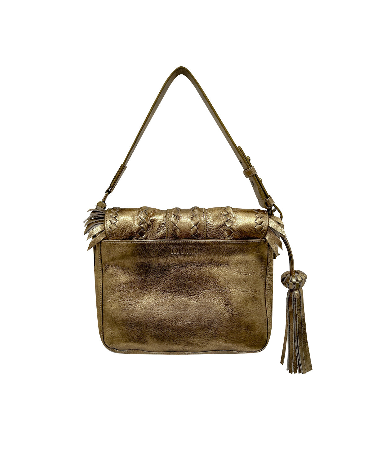 Metallic Gold SENECA Leather Bag with Braids & Frings Details