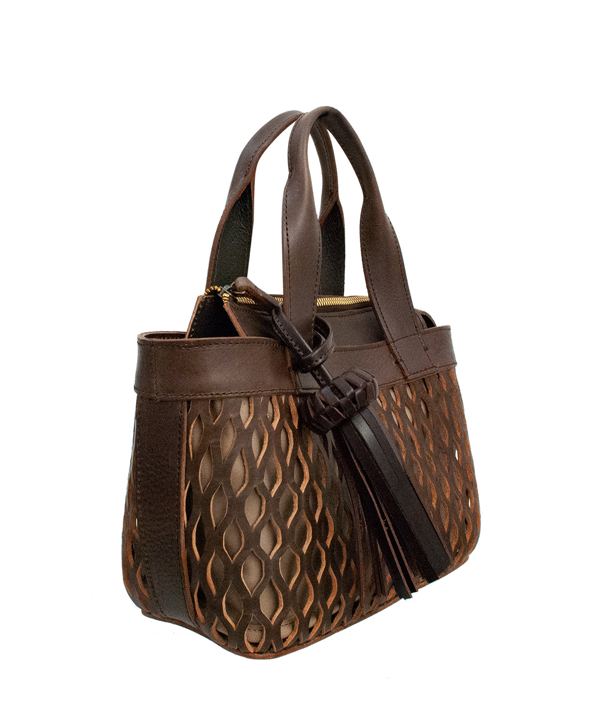 Side profile of the petite Mini Tulum in espresso mocha leather showing its elegant, smooth silhouette.