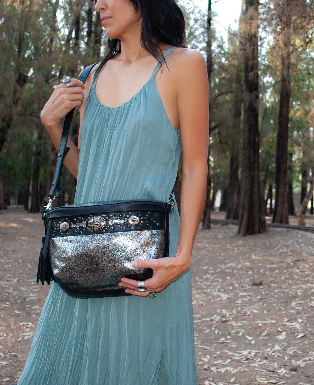 Studded Silver Leather Large hip pack with Metallic Rivets - The CHER waist bag