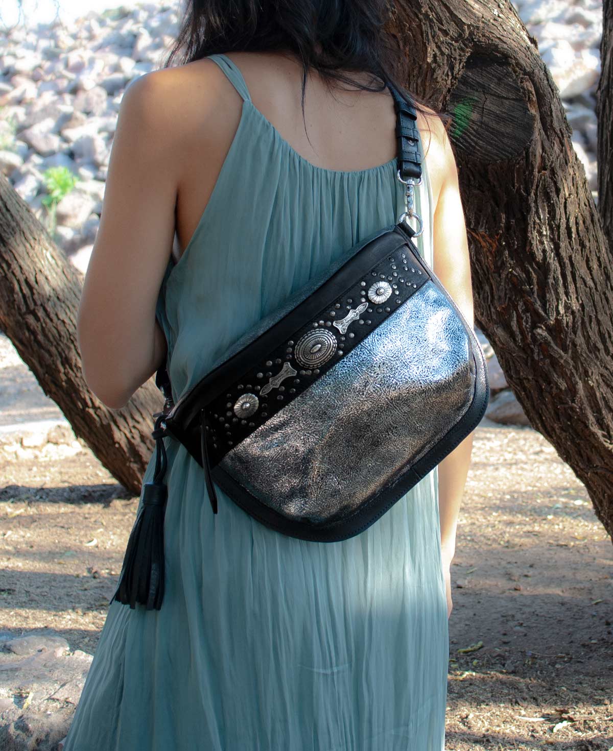 Studded Silver Leather Large hip pack with Metallic Rivets - The CHER waist bag