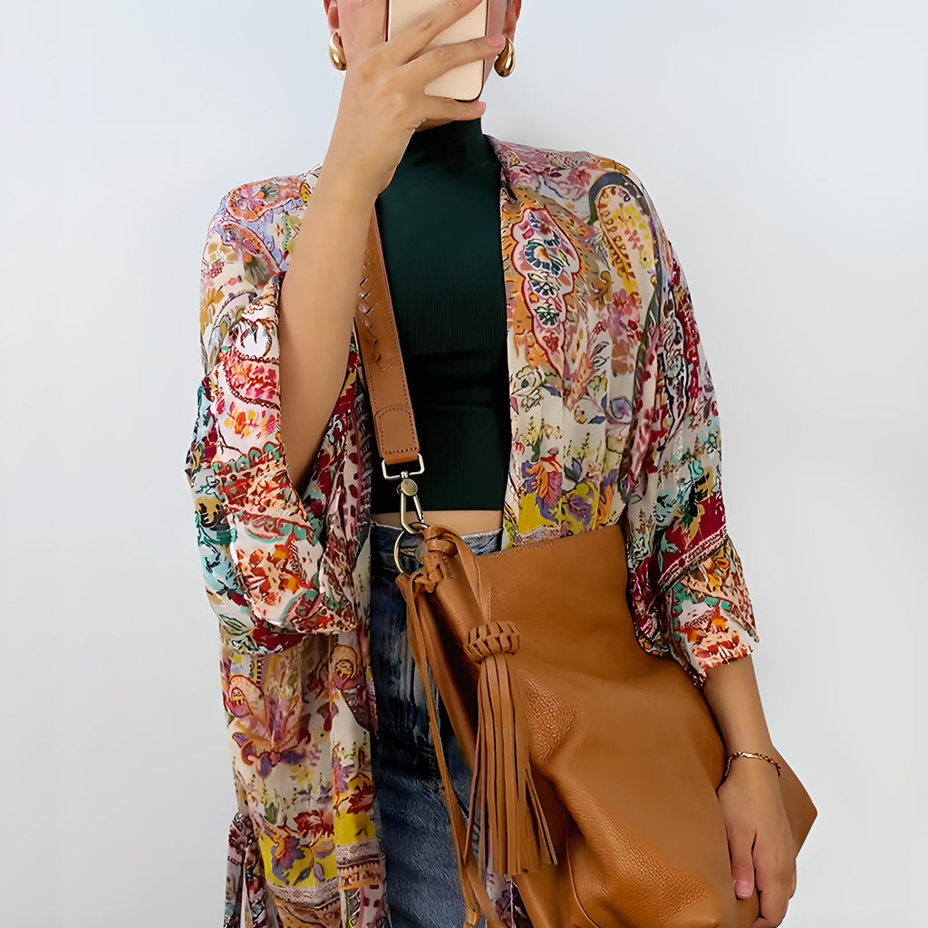 Summer Capsule Wardrobe: The Perfect Leather Bag for a Chic Loose Kimono & a Denim Skirt