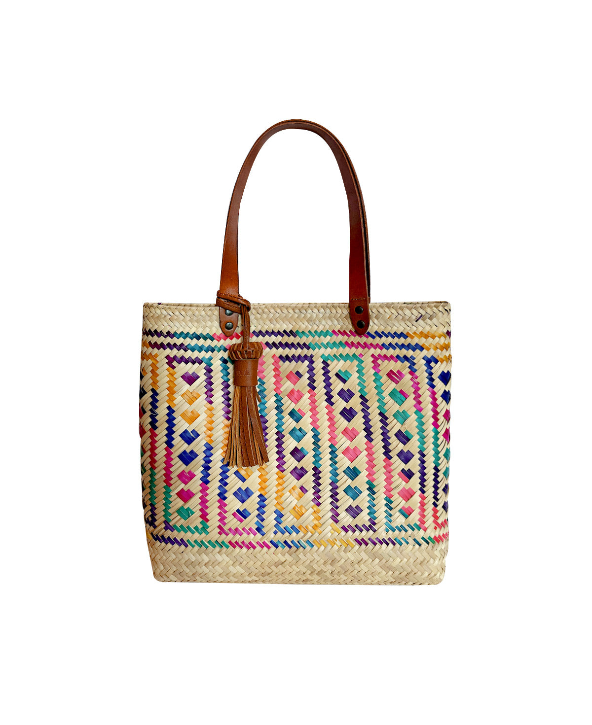 Keta tan leather tote bag / multicolor hand woven palm