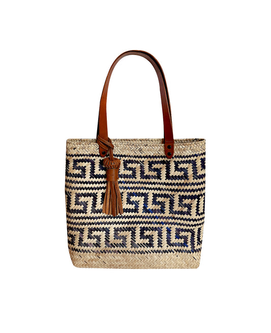 Keta tan leather tote bag / black waves hand woven palm