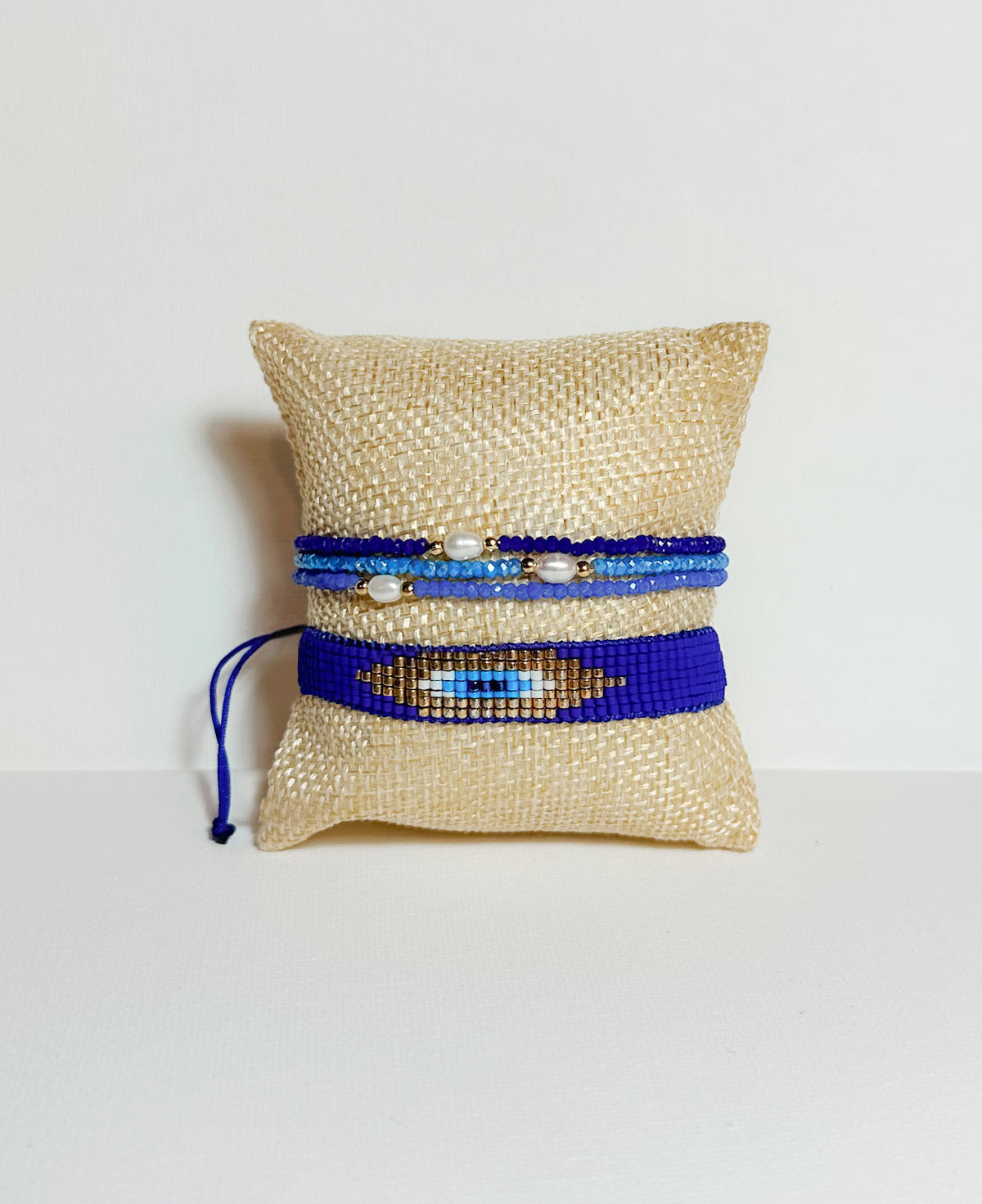Set of 4 Navy Crystal Stones & Woven Beads Bracelet