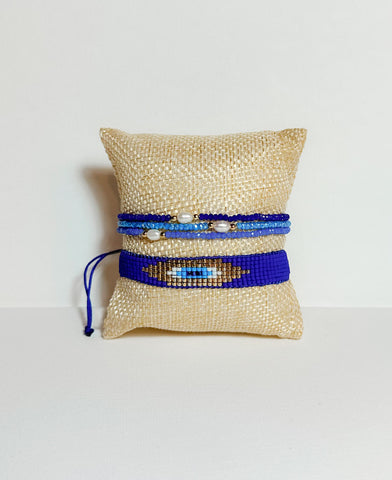Set of 4 Navy Crystal Stones & Woven Beads Bracelet