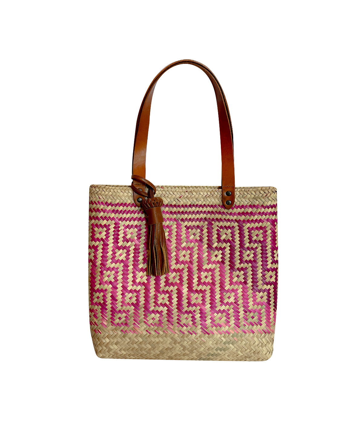 Keta tan leather tote bag / pink grid hand woven palm