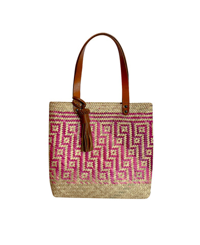 Keta tan leather tote bag / pink grid hand woven palm