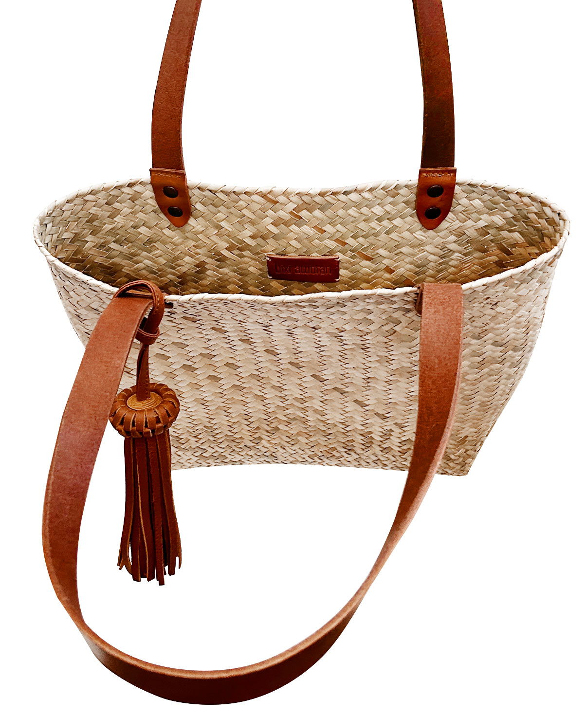 Products Keta tan leather tote bag / natural hand woven palm