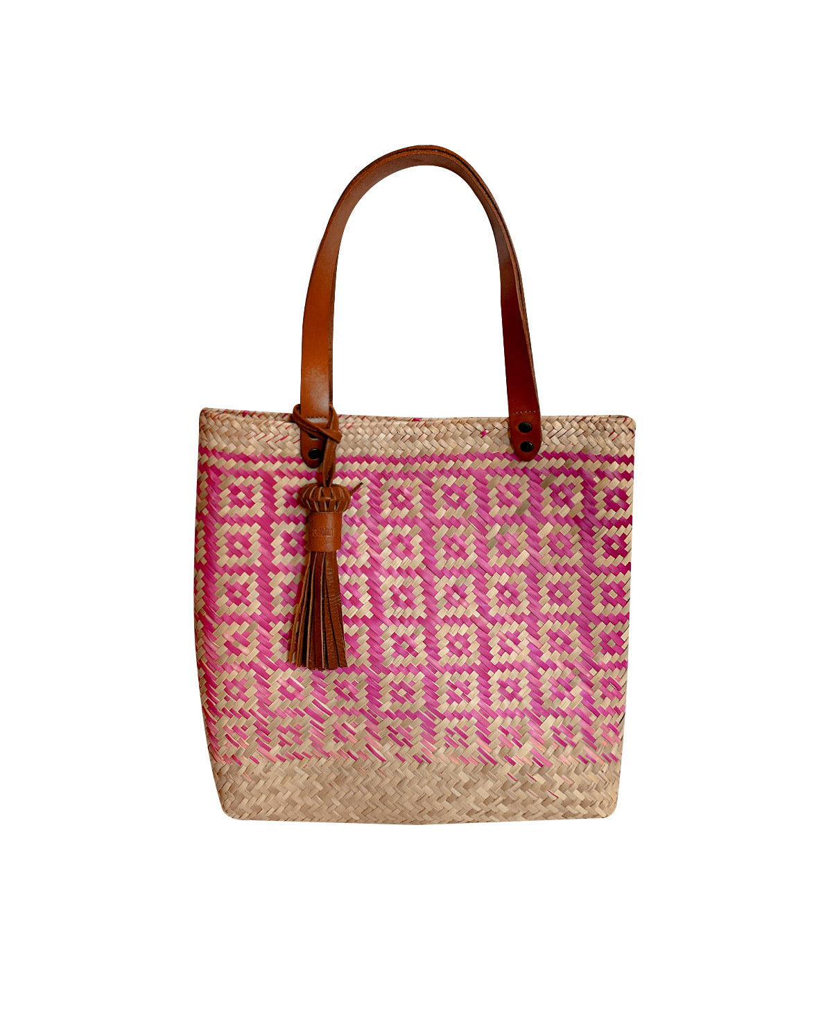 Copy of Keta tan leather tote bag / pink squares hand woven palm