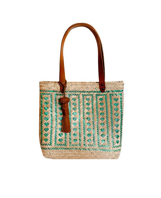 Keta tan leather tote bag / green hearts hand woven palm