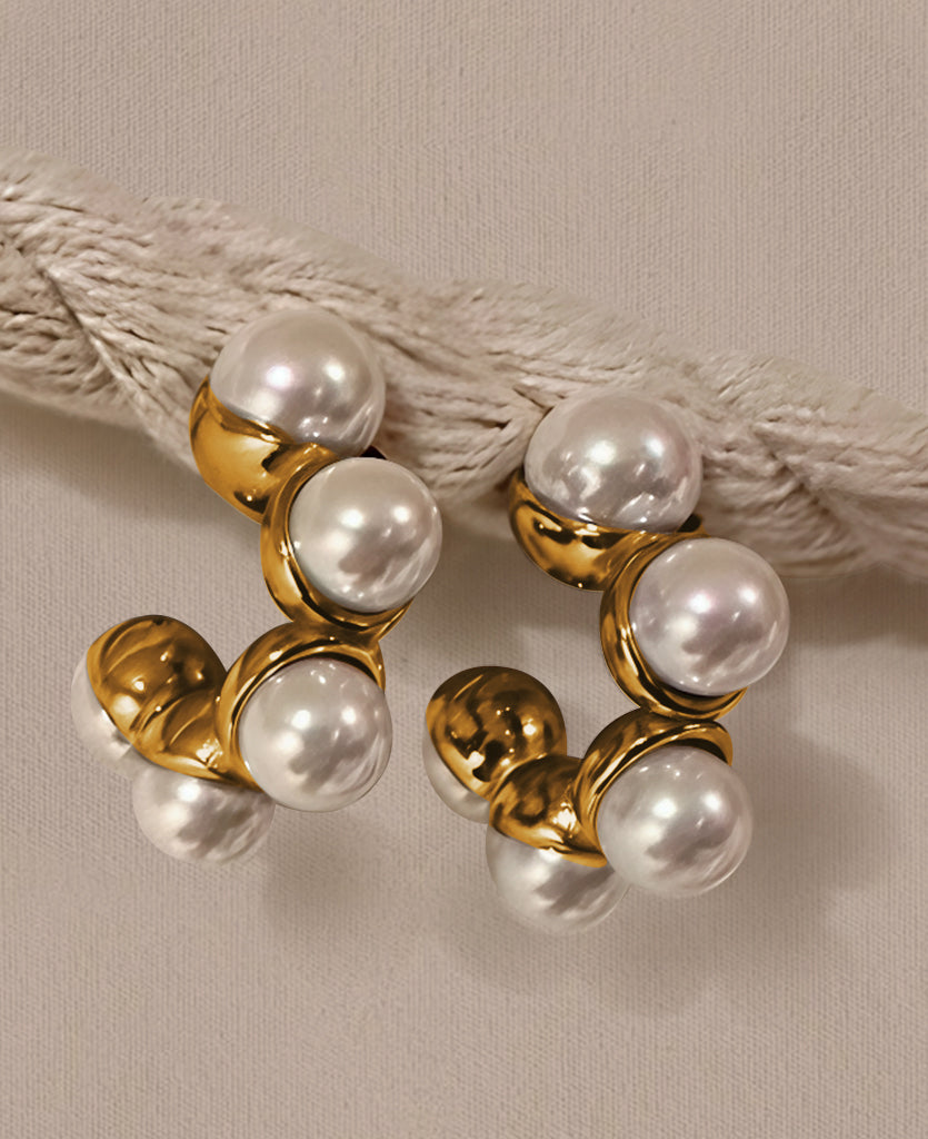 Pearl Cluster: Gold Stainless Steel Hoop Earrings