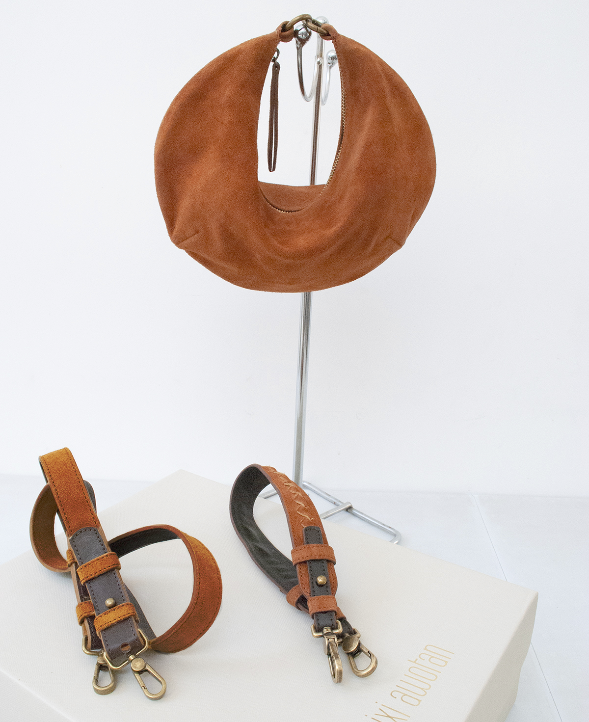 'Lucky Cookie' Round Mini Shoulder Bag: Vibrant Apricot Genuine Suede