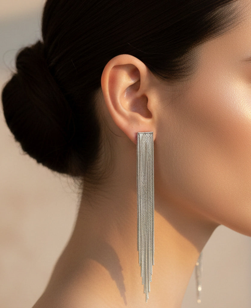 Extra Long Chain Fringe Tassel Silver Earrings
