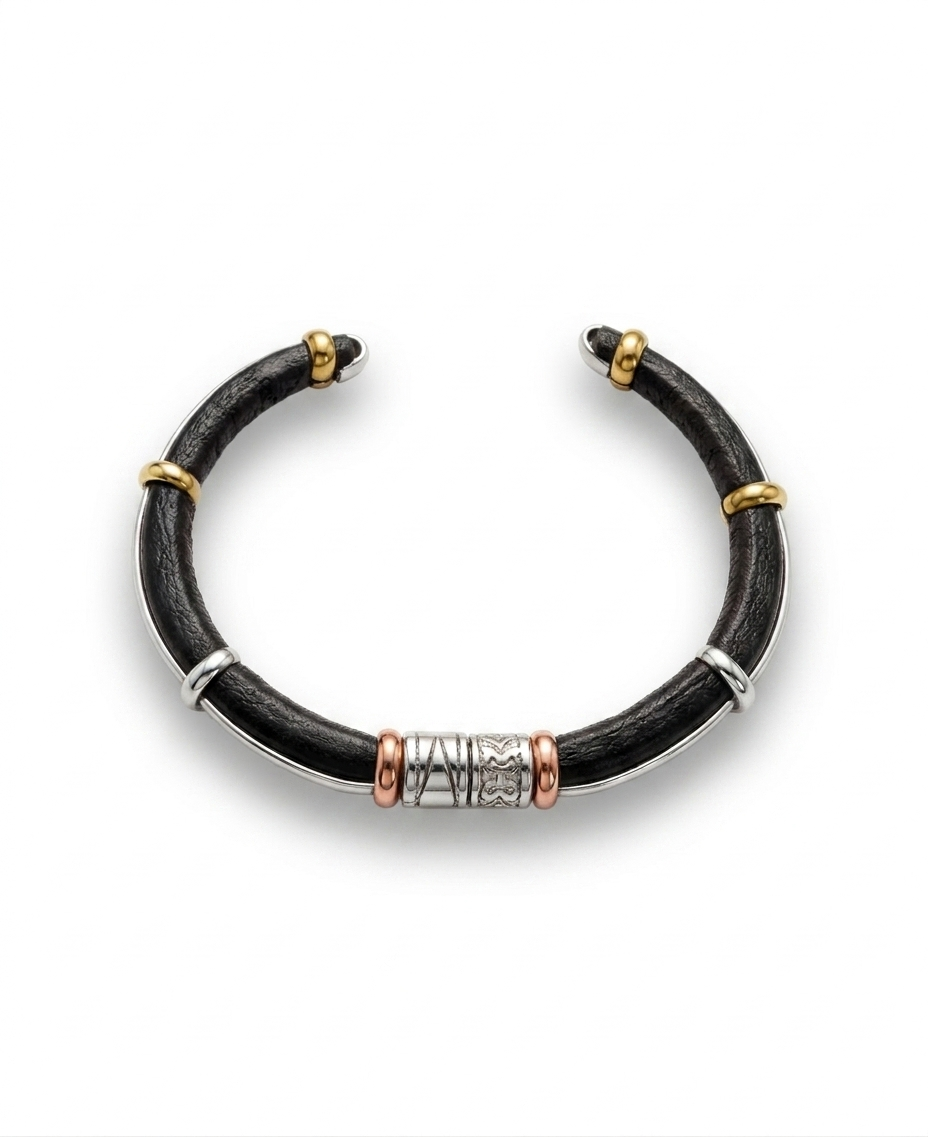 Allende Leather Cuff Bracelet – Mixed Metal Artisan Bangle