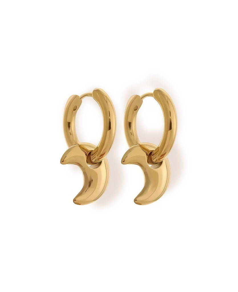 Moon Charm Hoops: 18K Gold Plated Stainless Steel Earrings