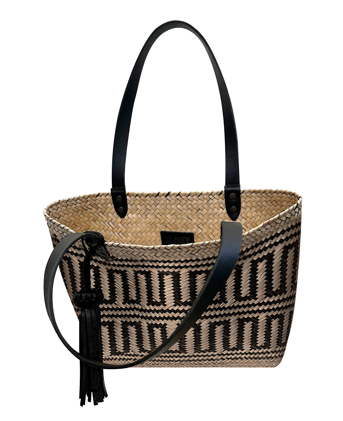 Keta black leather tote bag / black rectangle hand woven palm