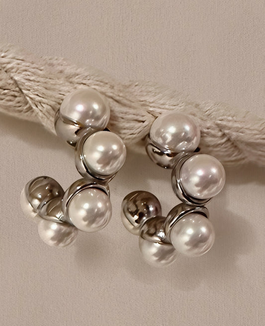 Pearl Cluster: Silver Stainless Steel Hoop Earrings