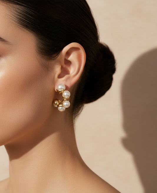 Pearl Cluster: Gold Stainless Steel Hoop Earrings