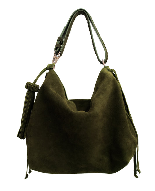 → PRE-ORDER Bacalar Shoulder Bag: Soft Olive Green Genuine Suede