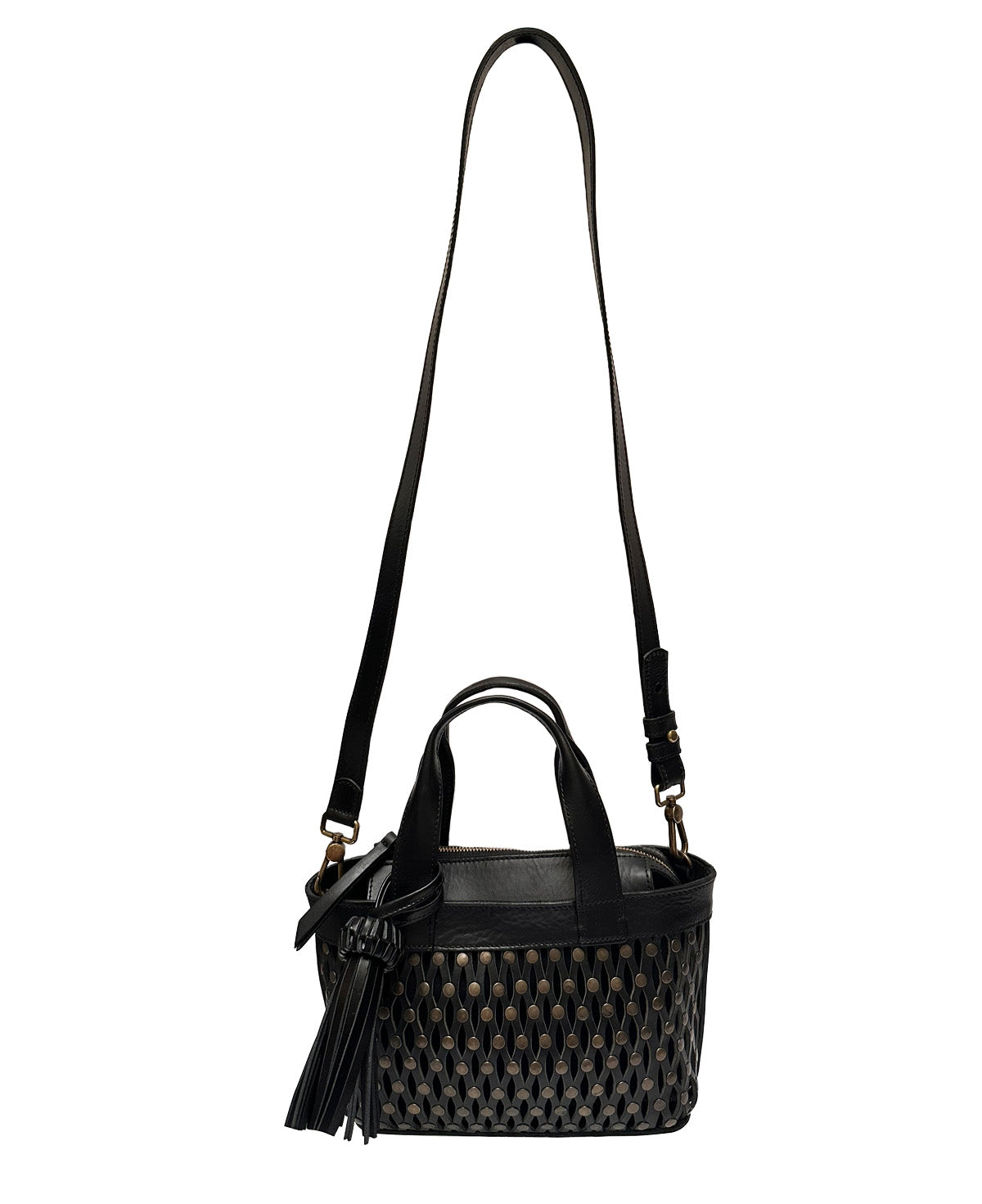 Handcrafted artisan stitching on the Studded Mini Tulum black leather handbag.