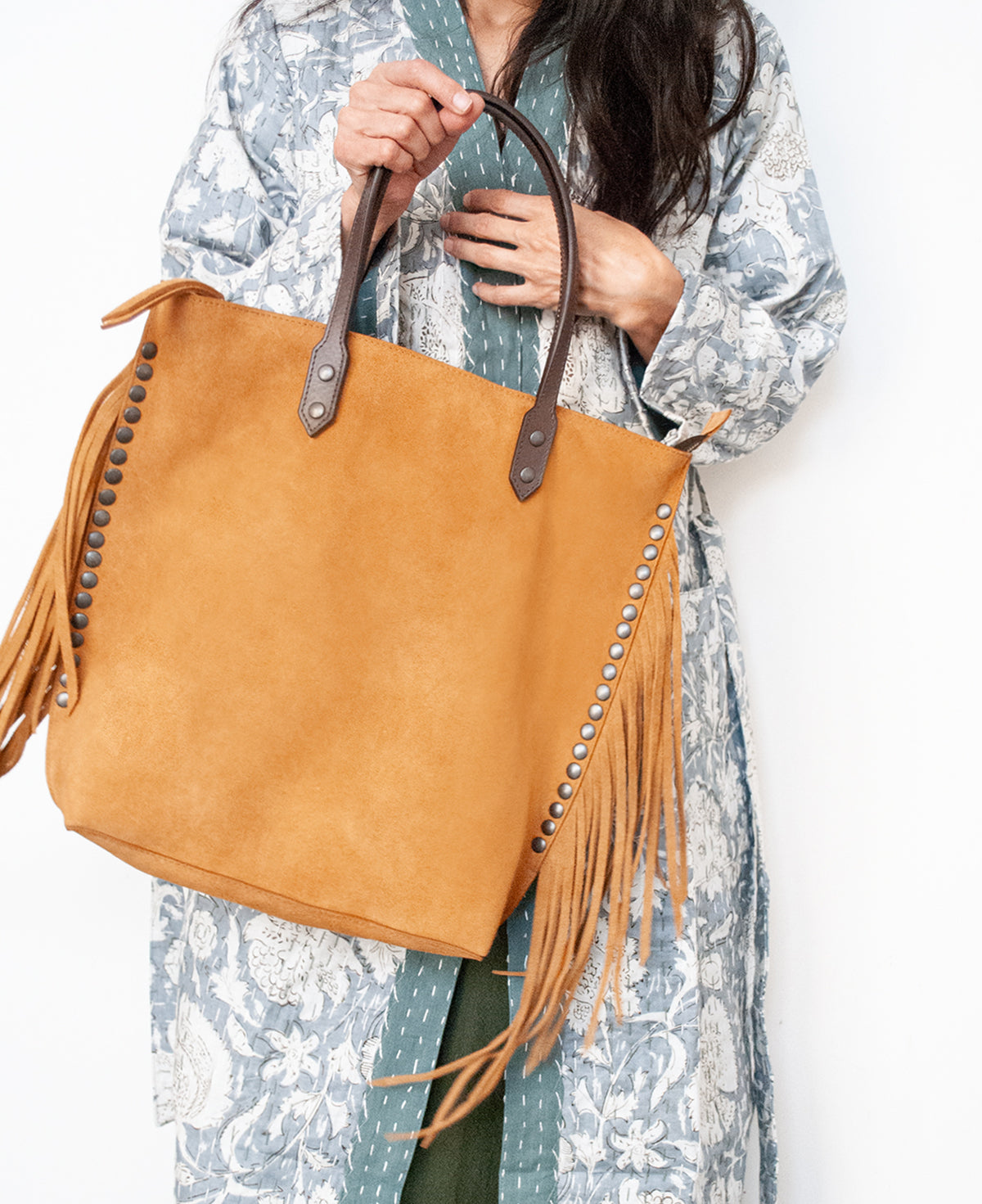 Chavela Studded Tote Bag with fringes: Radiant Mustard Genuine Suede