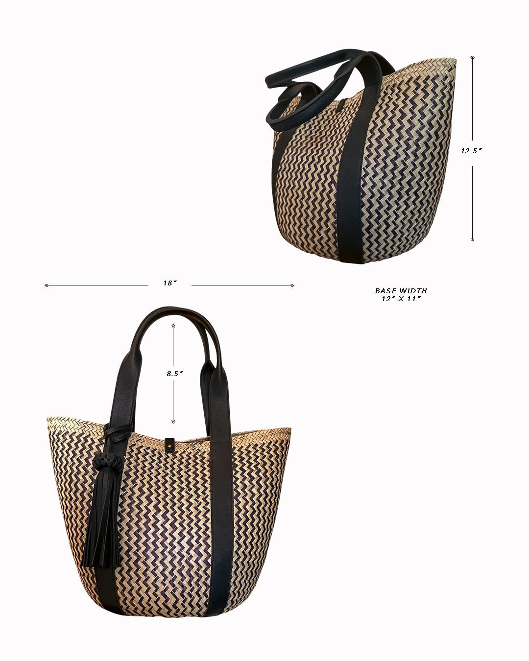 Palm Leaf Basket Bag w/ Zigzag Pattern & Black Leather Straps | CLEO