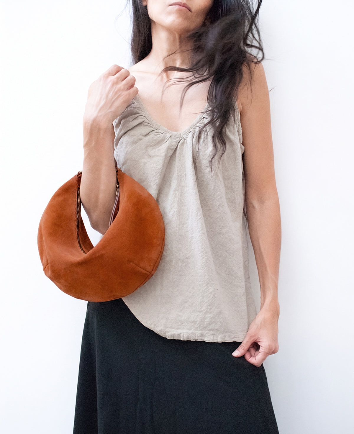'Lucky Cookie' Round Mini Shoulder Bag: Vibrant Apricot Genuine Suede